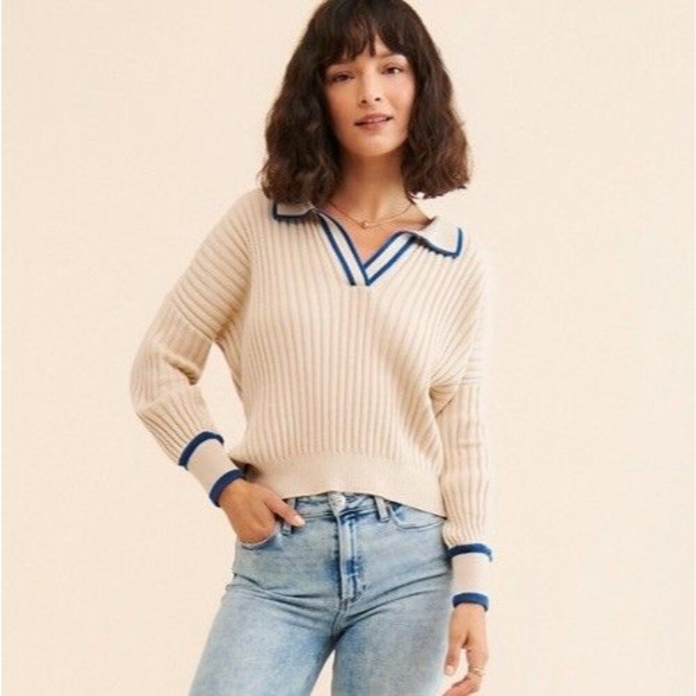 Sancia Atalie Polo Sweater XS Beige Blue Rib Knit Oversized Coastal Chic